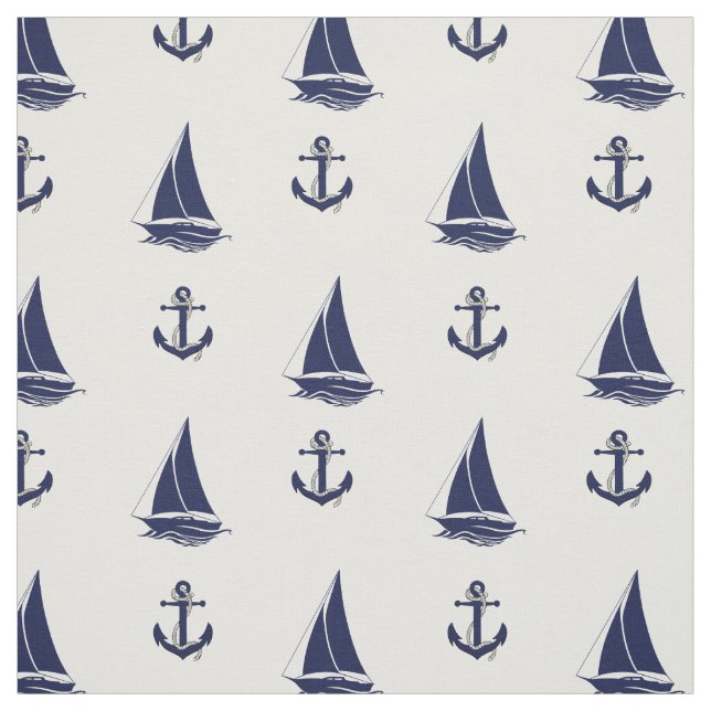 Nautical Navy blue anchor/blue sailboat silhouette Fabric (Swatch)