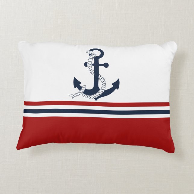 Nautical Navy Blue Anchor Blue White Red Stripes Decorative Cushion (Back)