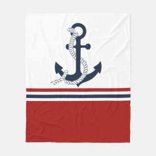 Nautical Navy Blue Anchor Blue White Red Stripes Fleece Blanket
