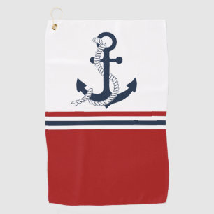 Nautical Navy Blue Anchor Blue White Red Stripes Golf Towel