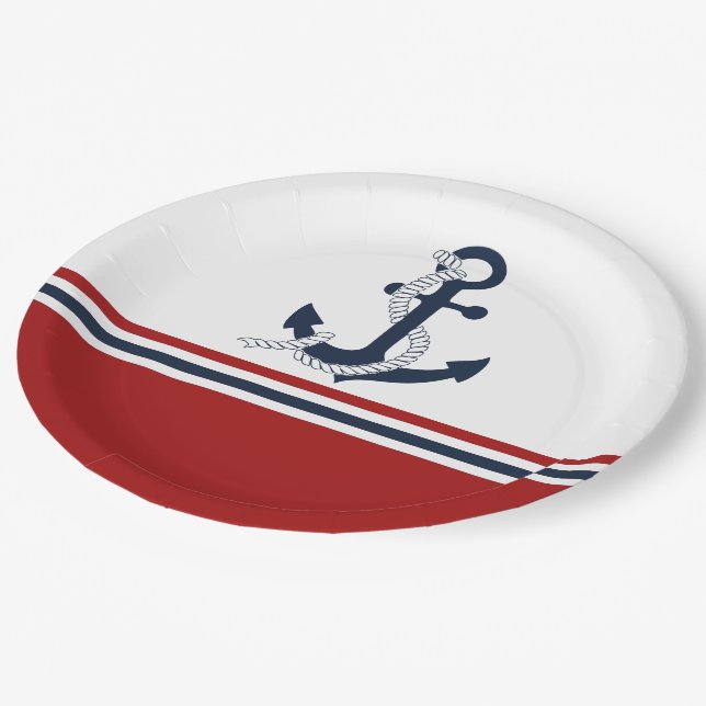 Nautical Navy Blue Anchor Blue White Red Stripes Paper Plate (Angled)