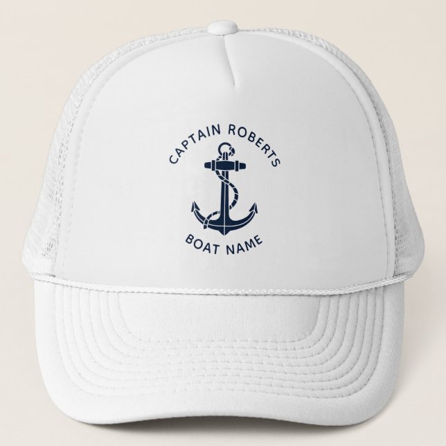 Nautical Navy Blue Anchor Boat Captain Custom Trucker Hat (Front)