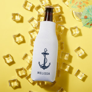 Nautical Navy Blue Anchor Boat Name Bottle Cooler