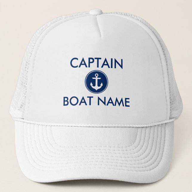 Nautical Navy Blue Anchor Boat Name Captain Trucker Hat (Front)