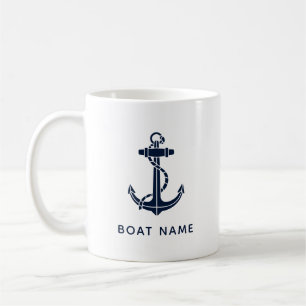 Nautical Navy Blue Anchor Boat Name Cruise Custom Coffee Mug