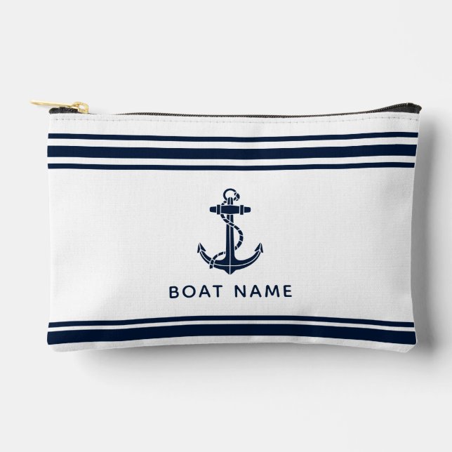 Nautical Navy Blue Anchor Boat Name Custom Accessory Pouch (Front)