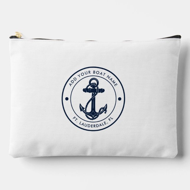Nautical Navy Blue Anchor Boat Name Custom Accessory Pouch (Front)