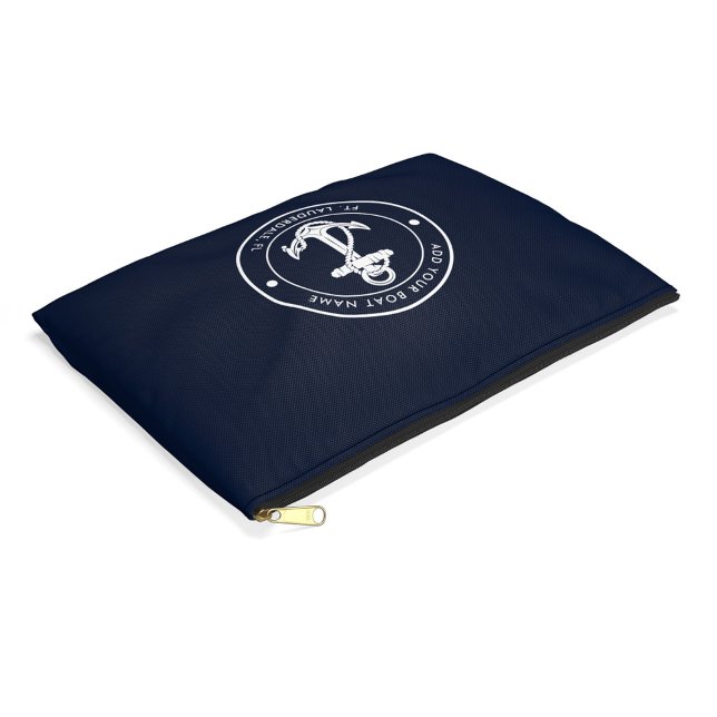 Nautical Navy Blue Anchor Boat Name Custom Accessory Pouch (Nautical Anchor Navy Blue Boat Name Large Accessory Pouch)