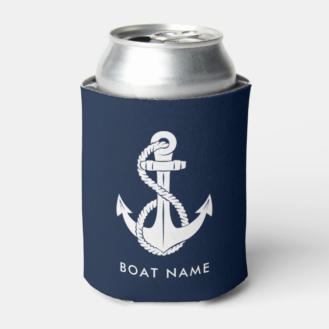 Nautical Navy Blue Anchor Boat Name Custom Can Cooler (Can Front)