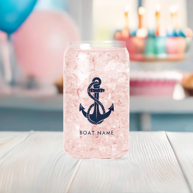 Nautical Navy Blue Anchor Boat Name Custom Can Glass (Insitu (Baby Shower))