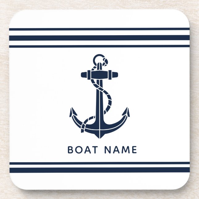 Nautical Navy Blue Anchor Boat Name Custom Coaster (Front)