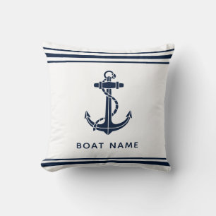 Nautical Navy Blue Anchor Boat Name Custom Cushion