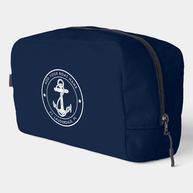 Nautical Navy Blue Anchor Boat Name Custom Dopp Kit (Right Corner)