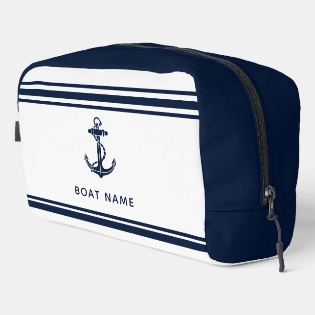 Nautical Navy Blue Anchor Boat Name Custom Dopp Kit (Right Corner)