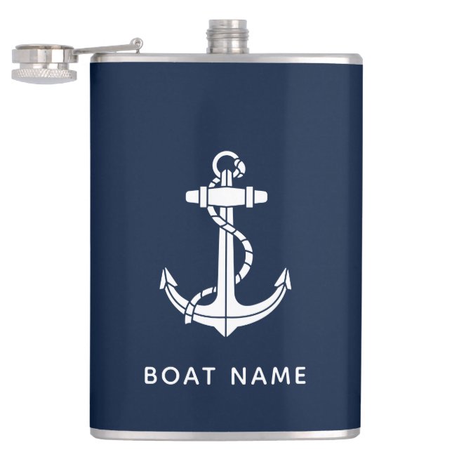 Nautical Navy Blue Anchor Boat Name Custom Hip Flask (Opened)