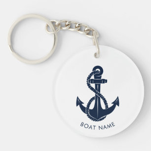 Nautical Navy Blue Anchor Boat Name Custom Key Ring