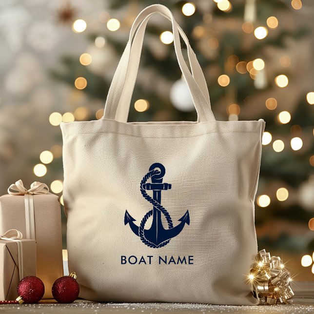 Nautical Navy Blue Anchor Boat Name Custom Large Tote Bag (Navy Blue Anchor Nautical Boating Tote Bag)