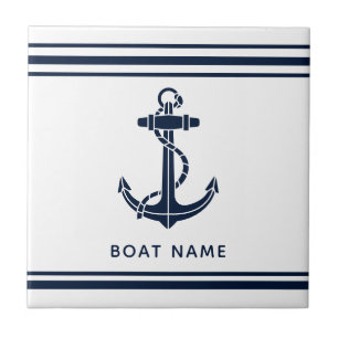 Nautical Navy Blue Anchor Boat Name Custom Tile