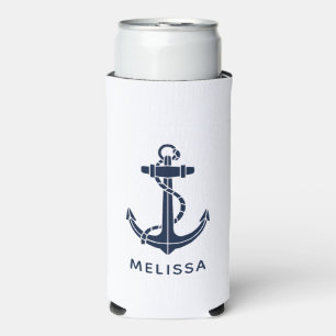 Nautical Navy Blue Anchor Boat Name Personalised Seltzer Can Cooler