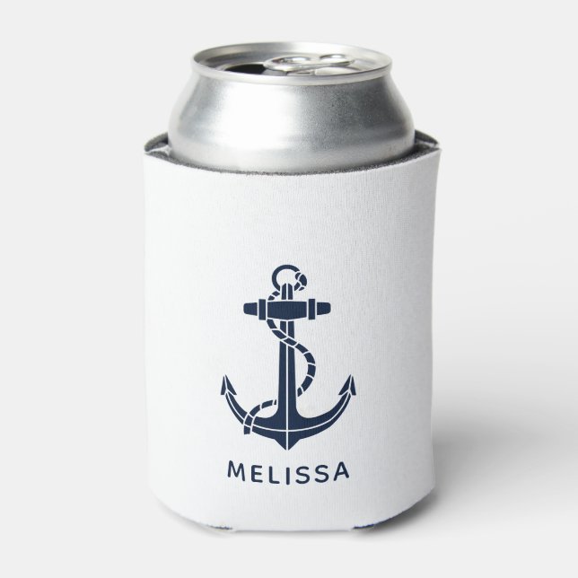 Nautical Navy Blue Anchor Boat Name Personalized Can Cooler (Can Front)