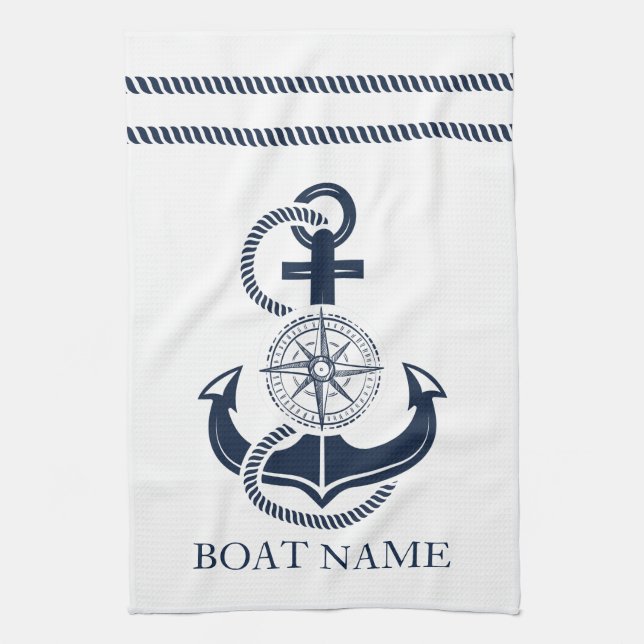 Nautical Navy Blue Anchor Boat Name Tea Towel (Vertical)
