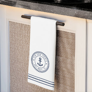 Nautical Navy Blue Anchor Boat Name Tea Towel