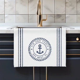 Nautical Navy Blue Anchor Boat Name Tea Towel