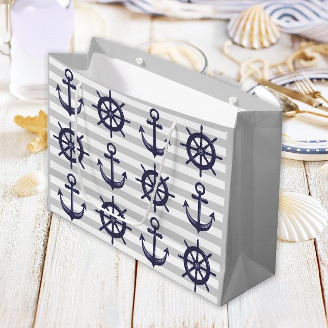 Nautical Navy Blue Anchor Boat Wheel Grey Stripe Large Gift Bag (Creator Uploaded)
