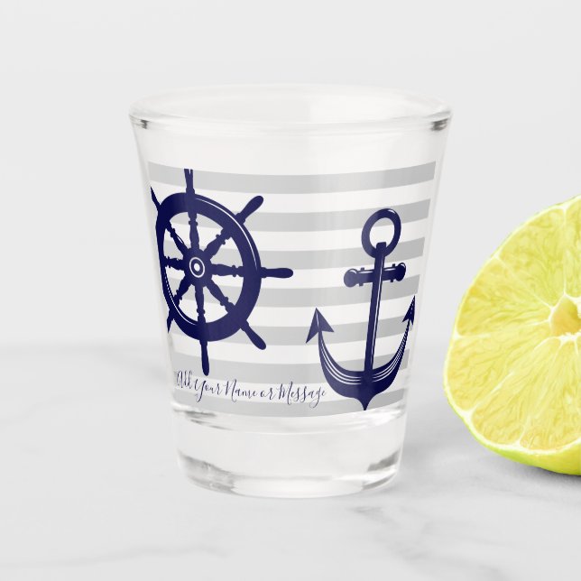 Nautical Navy Blue Anchor Boat Wheel Grey Stripe Shot Glass (Front)