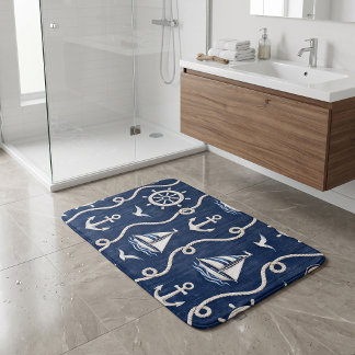 Nautical Navy Blue Anchor Coastal Bath Mat