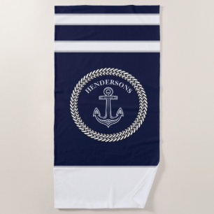 Nautical Navy Blue Anchor Coastal Monogram  Beach Towel