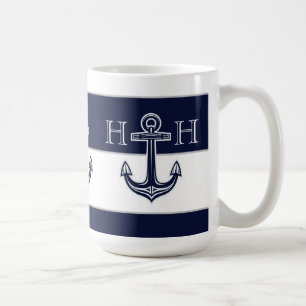 Nautical Navy Blue Anchor Coastal Monogram Coffee Mug