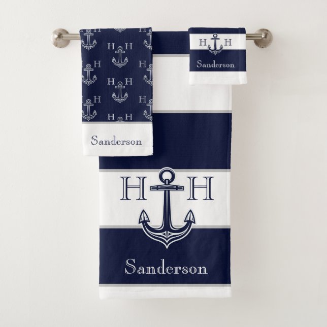 Nautical Navy Blue Anchor Coastal Monogram Name  Bath Towel Set (Insitu)
