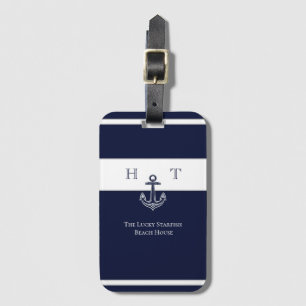 Nautical Navy Blue Anchor Coastal Monogram Name  Luggage Tag