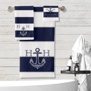 Nautical Navy Blue Anchor Coastal Monogram Name Sh Bath Towel Set