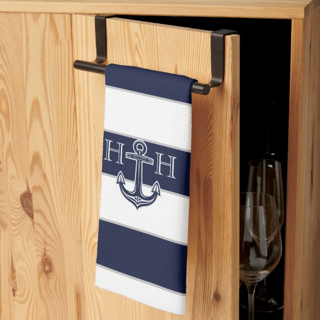 Nautical Navy Blue Anchor Coastal Monogram  Tea Towel (Thirds Fold)