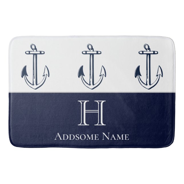 Nautical Navy Blue Anchor Coastal Monogrammed Bath Bath Mat (Front)