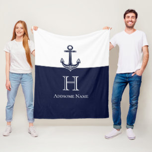 Nautical Navy Blue Anchor Coastal Monogrammed Fleece Blanket