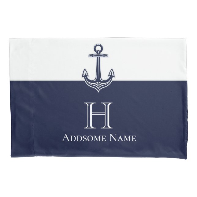 Nautical Navy Blue Anchor Coastal Monogrammed Pillowcase (Front)