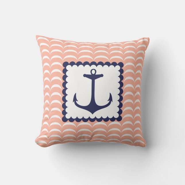 Nautical  Navy Blue Anchor Coral Pink  Waves Cushion (Front)