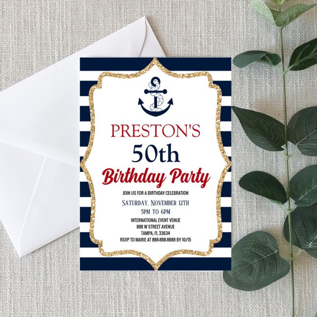 Nautical Navy Blue Anchor Custom Birthday Party Invitation (Creator Uploaded)