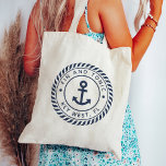 Nautical Navy Blue Anchor | Custom Boat Name Tote Bag<br><div class="desc">Tote your boat gear with this awesome personalised bag that you can easily customise with your boat name! Classic nautical design features your boat name and ship's registry curved inside a navy blue rope logo badge with an anchor illustration in the centre.</div>