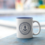 Nautical Navy Blue Anchor Custom Boat Name Two-Tone Coffee Mug<br><div class="desc">Add a cool custom touch to your fishing boat, sailboat, yacht, or houseboat with this personalized mug. Classic nautical design features your boat name and ship's registry curved inside a navy blue rope logo badge with an anchor illustration in the center. Makes a great gift for boat captains, houseboat dwellers,...</div>