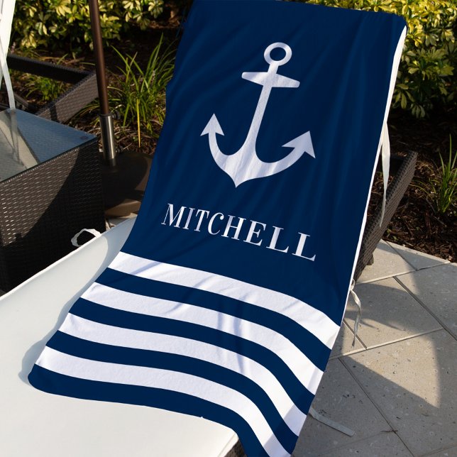 Nautical Navy Blue Anchor Custom Name Beach Beach Towel (Creator Uploaded)