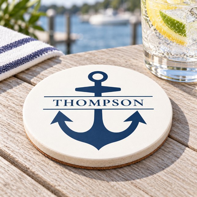 Nautical Navy Blue Anchor Custom Name Coaster (Creator Uploaded)