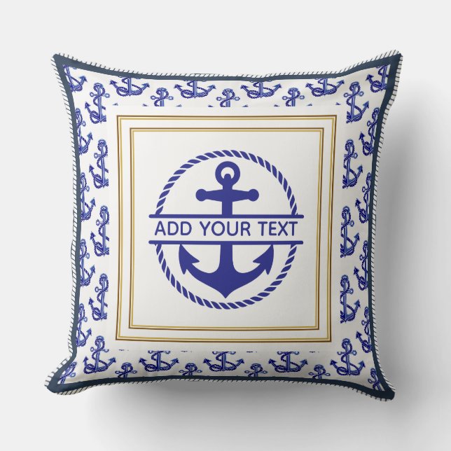 Nautical Navy Blue Anchor Customisable Name Cushion (Front)