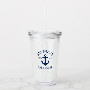 Nautical Navy Blue Anchor Family Lake House Acrylic Tumbler