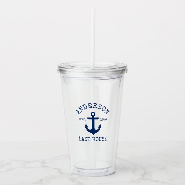 Nautical Navy Blue Anchor Family Lake House Acrylic Tumbler (Front)