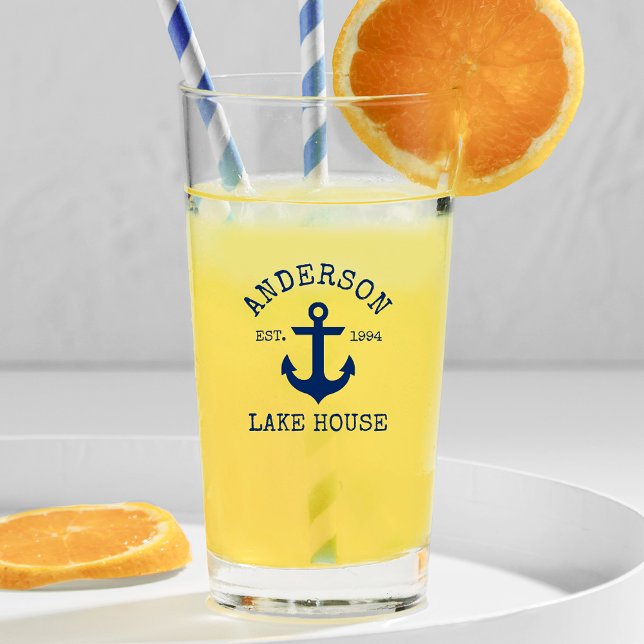 Nautical Navy Blue Anchor Family Lake House Glass (Customize to change text size, color or text style.)