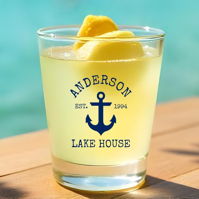 Nautical Navy Blue Anchor Family Lake House Shot Glass (Customize to change text size or color.)